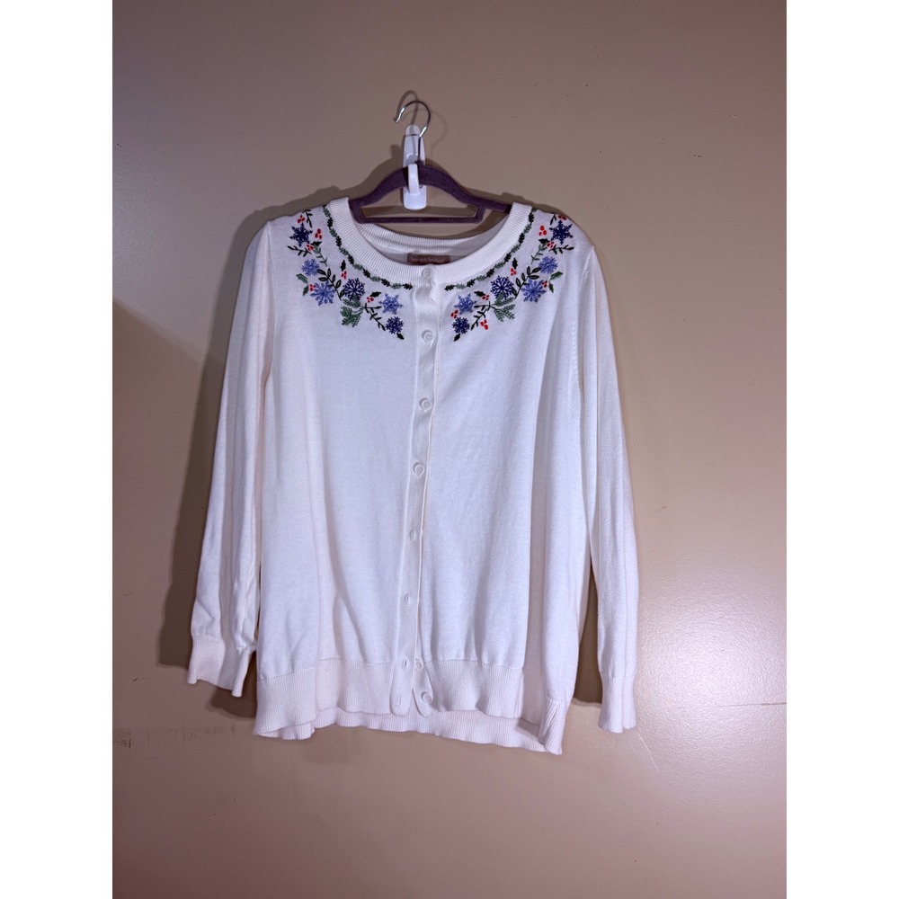 Woman Within White Floral Embroidered Cotton Cardigan Sweater Size Large L 18 20